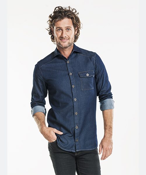 Men Blue Denim Shirt, Workwear, Chaud Devant - Front of House