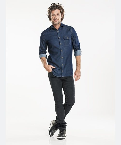 Men Blue Denim Shirt, Workwear, Chaud Devant - Front of House